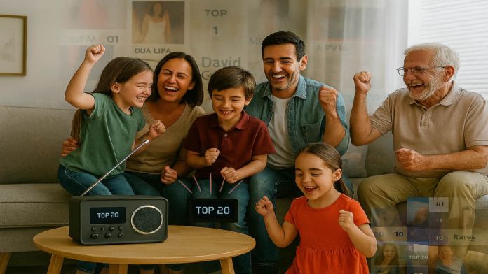 O familie dansand si ascultand la un radio modern topuri cu display