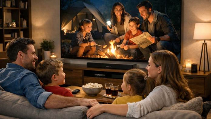 Familie tanara uitandu-se la un film de familie AI c_cr